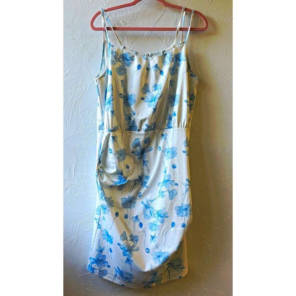 Curlbiuty White Blue Floral Satin Slip Dress Spaghetti Straps Scoop Neck XL